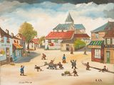 un tableau représentant des enfants jouant sur une place de ville