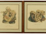 two framed pictures of a couple of people sitting on the ground