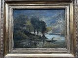 an oil painting of a boat on a river with trees in the background