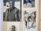several black and white photos of a man smoking a pipe in front of a group of men