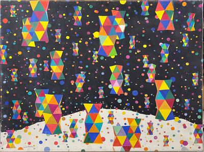 une peinture représentant des triangles et des étoiles colorés sur fond noir