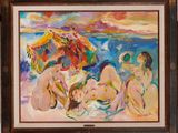 an oil painting of a group of people sitting on a beach