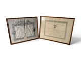two framed pictures of a certificate and a certificate on a table
