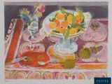 a painting of a plate of fruit on a table