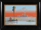 an oil painting of a desert scene with palm trees and a building