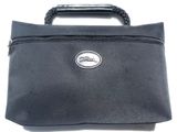 a black purse with a handle on a white background