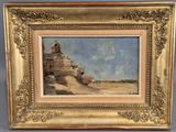 une peinture à l'huile représentant une scène de plage avec un bâtiment en arrière-plan