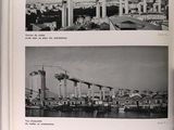 two pictures of a bridge being built in black and white