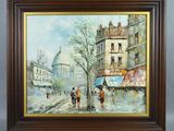 a painting of a street scene with people walking down the street