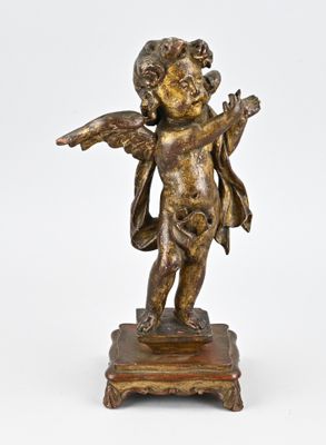 an image of a bronze statue of a cupid holding a bird