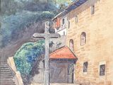 une peinture représentant un bâtiment sur le côté duquel figure une croix