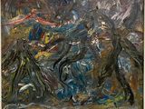 une peinture à l'huile représentant un couple dansant sous la pluie