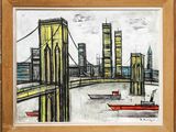 une image représentant une peinture d'un paysage urbain avec un bateau sur l'eau