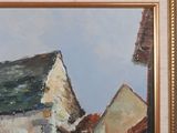 an oil painting of a building with a horse in front of it