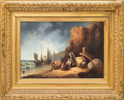 an image of a painting of people on the beach by the water