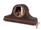 a wooden clock with a woman inside of it