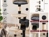 Le chat est assis devant l'arbre à chat et le regarde.