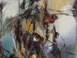 an abstract painting of a horse running through a field of grass