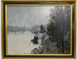 peinture d'une scène de rivière avec des bateaux et un pont au loin