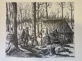 drawing of a man and a woman standing in front of a cabin in the woods