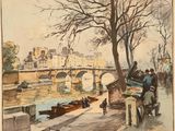 drawing of a painting of people on a bridge with a river in the background