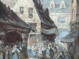 painting of a street scene with a crowd of people walking down the street