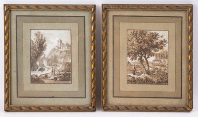 deux dessins encadrés représentant un paysage avec des arbres et une rivière