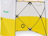 a white and yellow tent with a wooden pole on top