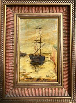 GUIREC Bateau amarré. Huile sur panneau encadré signé en bas…