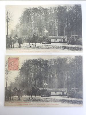 two pictures of horses pulling a carriage in the snow