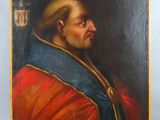 un tableau représentant un homme vêtu d'un manteau rouge et d'une cape bleue