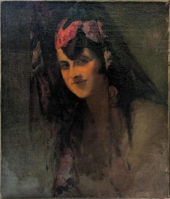 une peinture à l'huile représentant une femme portant un foulard rouge