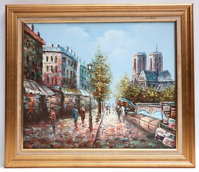 painting of a street scene with people walking down the street