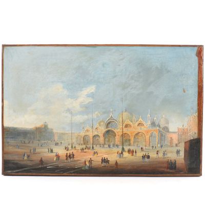 un tableau représentant un tableau d'une ville où des gens se promènent