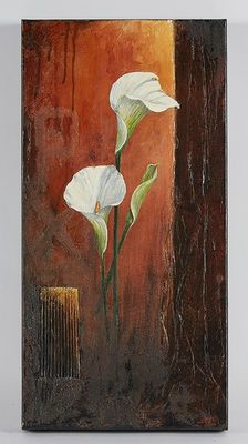 tableau représentant deux callas blanches dans un vase, sur fond marron