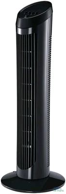 un ventilateur de tour noir posé sur un support métallique