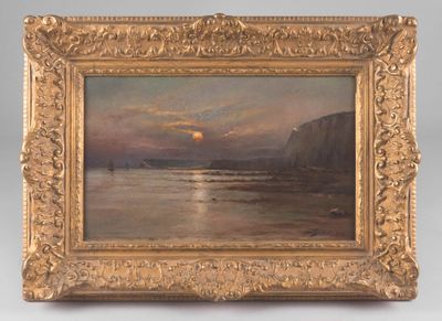 une image d'un tableau représentant un coucher de soleil sur une étendue d'eau