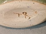 a close up of a green and white plate with a bird on it
