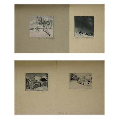 quatre photographies en noir et blanc d'une ferme sous la neige