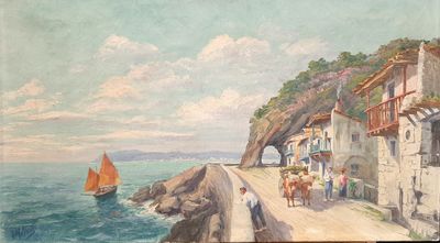 a painting of a boat on the water next to a building