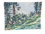 an image of a painting of a mountain scene with trees