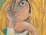 tableau représentant une femme aux cheveux blonds et portant un t-shirt vert