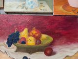 painting of a bowl of fruit and a vase of flowers on a table