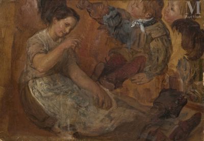 un tableau représentant une femme assise par terre avec des enfants