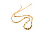 a close up of a gold necklace on a white background