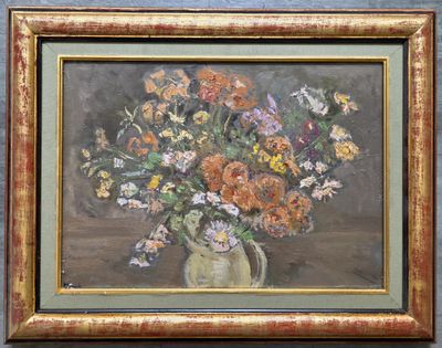 une peinture de fleurs dans un vase sur une table