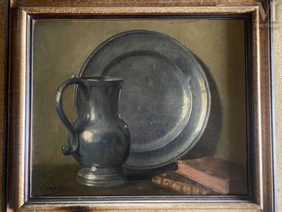 SURAND Nature morte au broc, assiette et livres Huile sur to…