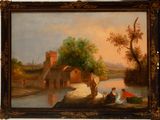 painting of a river scene with people sitting on the bank and a house in the background