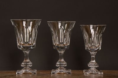 three empty wine glasses sitting on top of a wooden table