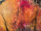 an oil painting of a woman ' s back with red paint on it